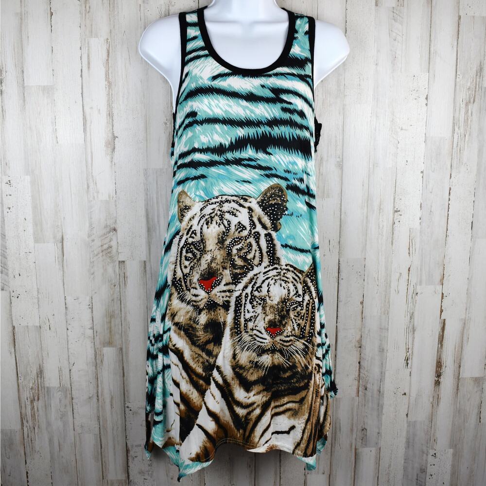 NWT Tiger Rhinestone Tank Dress Girls L/XL Sleeveless Animal Print Tunic Top Y2K